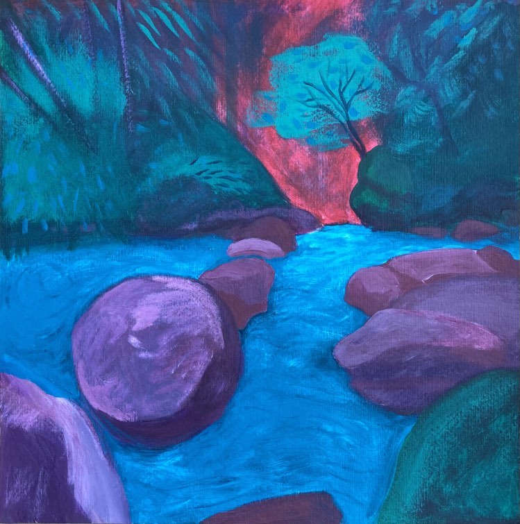 Värikäs maalaus virtaavasta vedestä. Muodot ovat realistiset, mutta värit eivät. Kivet ovat violetteja, vesi turkoosia ja taivas punainen. Maalaus oli esillä Runonkulman Galleriassa talvella 2023.